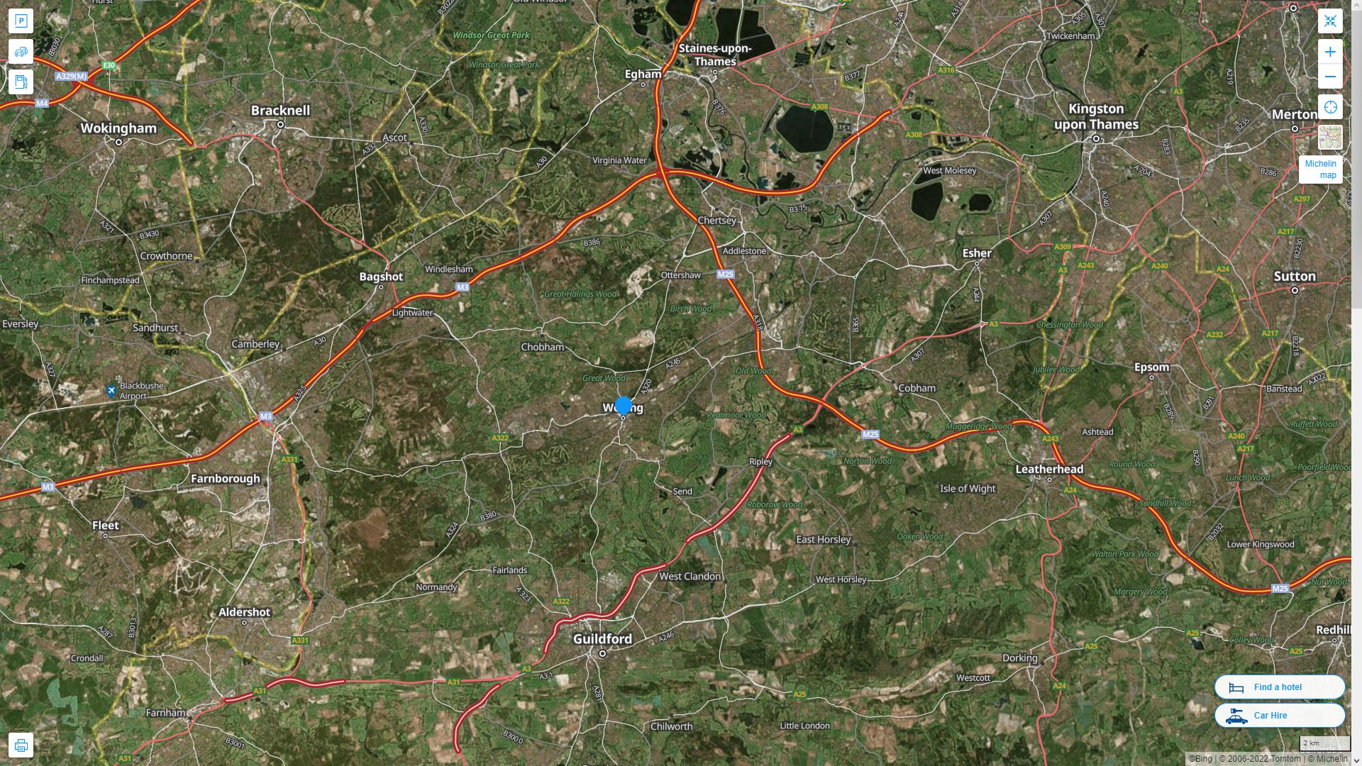 Woking Royaume Uni Autoroute et carte routiere avec vue satellite